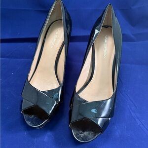 Via Spiga Glossy Black Peep Toe Heels